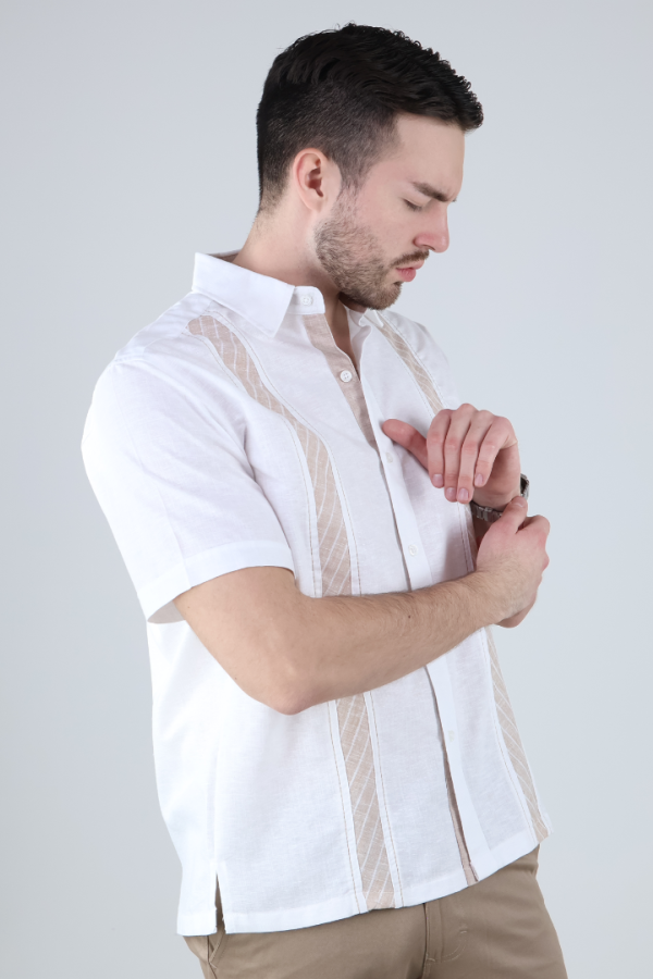 Camisa Guayabera Hombre Manga Corta Lino Con Detalle En Pecho